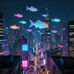 Wide angle shot of a cyberpunk city with neon lights and holographic fishes floating in the sky by James Gilleard, Mark Ryden, Wolfgang Lettl highly detailed