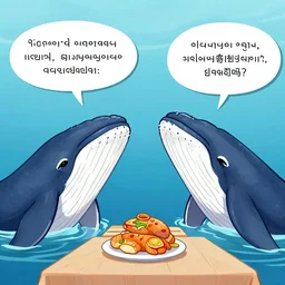 two whales talking about food with captions