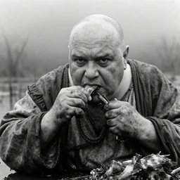 movie still by tarkovsky close - up of a giant obese old bald man eating a leg of lamb with dirty medieval clothes in a swamp, cinestill 8 0 0 t 3 5 mm b & w, heavy grain, high quality, noir, natural textures, photorealistic, ambient occlusion, hd, dof, mud, fog