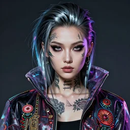 altered carbon, detailed portrait young gangster girl cyberpunk futuristic ( ( neon ) ) tattoes, styled hair reflective gauzy fine - spun film jacket, decorated traditional ornaments by carl spitzweg ismail inceoglu dragan bibin hans thoma greg rutkowski alexandros pyromallis nekro illustrated perfect face, fine details, realistic shaded, fine - face, pretty face