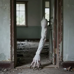 1 9 7 0 s photography, pale skin demon arm and hand with claws coming out of threshold in abandoned house