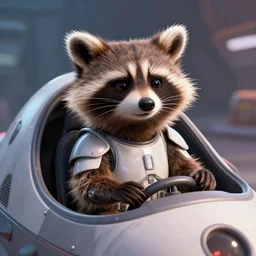 7 0 mm portrait, furry rocket the raccoon sitting in the cockpit of the millennium falcon, wearing stormtrooper armor!!, soft volumetric lighting, cinematic, ridley scott, james cameron, pixar, octane, 8 k, photorealism!!