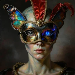 a baroque neoclassicist close - up portrait of an alien being gazing intensely with reflective skin big glowing eyes wearing an uv blacklight retrofuturistic venetian carnival mask with iridescent butterfly wings and silk. head, face and shoulders, foggy background. renaissance portrait painting. highly detailed science fiction painting by norman rockwell, frank frazetta, and syd mead. rich colors, high contrast, gloomy atmosphere, dark background. trending on artstation.