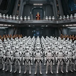 extreme long shot of a orderly huge crowd of imperial stormtroopers, officers, death troopers and royal guards, in full combat ready gear, all stand at attention beneath the emperor presiding over a balcony at the death star, 8 k, unreal 5, octane render, majestic, superb, cinematic, atmospheric, dramatic, hyperrealistic, ultra detailed, award winning, breathtaking, groundbreaking, ahead of time cgi art, volumetric lighting, photoshopped, intricate digital art