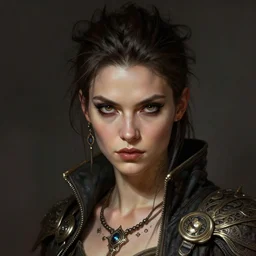 photorealistic portrait of a young butch solarpunk woman, handsome, female, masculine, upper body, fantasy, fierce, sharp features, intricate, elegant, highly detailed, digital painting, artstation, concept art, matte, sharp focus, illustration, art by artgerm and greg rutkowski and alphonse mucha