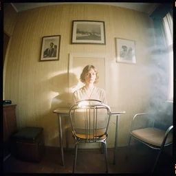 kodak portra 4 0 0, flashlight, 8 mm extreme fisheye, award - winning colour portrait by britt marling : a sunlit 1 9 6 0 s room, quadratic quadratic picture frames, haze, wallpaper, 1 9 6 0 s metal furniture, smoke, fog, no people