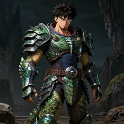 anime of young hispanic man with facial hair, brown eyes, full body, reptile armor by akira toriyama hyper realistic, dark fantasy detailed, high definition insanely detailed, bitter wide angle lens dark lighting, moody lighting