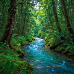 A magical forest with a colorful river in the middle
