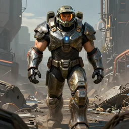 a big muscular body builder warrior in full armor walking across a cyberpunk wasteland without a helmet!!!, mjolnir mark 6 armor from halo infinite, attractive female face, symmetrical face details, ultra realistic, very highly detailed, 8K, octane, Digital painting, concept art, illustration, rule of thirds, sharp focus, facing camera, centered, good value control, realistic shading