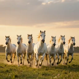 seven galloping white horses in the sunset