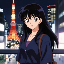 Portrait of anime woman Tokyo city night background by Amano Yoshitaka, Kentaro Miura, Tsutomu nihei