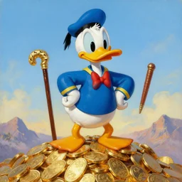 Scrooge McDuck from the Duck Tales in blue costume standing on a mountain of gold and holding a cane, view from below, full body portrait including head, oil painting, highly detailed