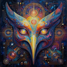 mech circuit board astral bird mask oil painting of abstract surrealist forms by yvonne mcgillivray by mandy jurgens by michael divine, powerful eyes glowing highly detailed painting, spiritual abstract forms, symmetrical, trending on art station, abstract emotional, very beautiful, fantasy digital art, highly detailed patterned visionary art, magic symbols, by michael divine, cosmic nebula