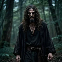 An epic photo of an ancient terrifying Ezio Greggio in dark forest.   by Diane Arbus and Louis Daguerre. highly detailed. 85mm, Bokeh