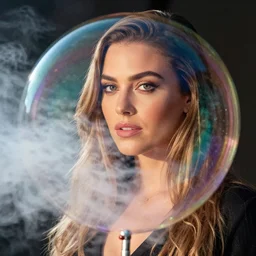 Mila Kunis reflected in a highly reflective rainbow bubbles with smoke inside