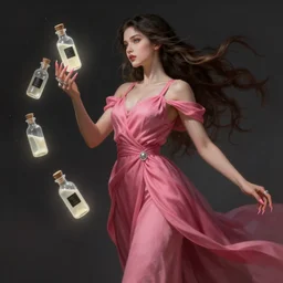 a beautiful 4 0 years old chatain hair woman in a pink - red long dress and silver rings on her fingers with long pink nails, she levitates precious little transparent bottles filled with a magic ivory white liquid, every bottle has a black sticker on it, fantasy, intricate, elegant, highly detailed, digital painting, artstation, concept art, matte, sharp focus, illustration, aenaluck