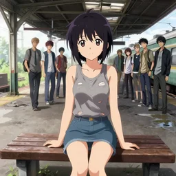cell shaded, anime cute teenager wearing a ripped tank top and mini skirt sitting on a bench in an abandoned train station, wlop, ilya kuvshinov, artgerm, krenz cushart, greg rutkowski, hiroaki samura, range murata, james jean, katsuhiro otomo, erik jones