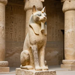 beautiful egyptian carved statue of a cat sitting inside of a temple with hieroglyphics on the walls