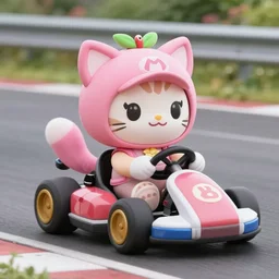 Nintendo Mario Kart 8 cat costume cat peach driving a kart along the track as a pink cat with cat ears and tail