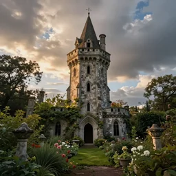The abandoned wizard\'s tower in the overgrown garden. Ansel Adams.