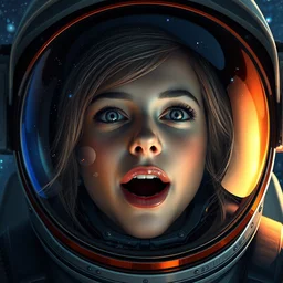excited emma watson's face inside astronaut's helmet, reflecting stars and galaxies, high detail, smooth, sharp focus, cgsociety, artstation, illustration, unreal engine, 8 k, 4 k