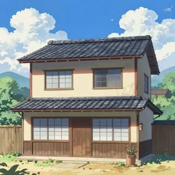 a Japanese house and a blue sky with clouds in anime style, in the style of Lampbo Chun on ArtStation and Son Rice on ArtStation, 4k,
