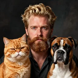 a photo of a blond man with a beard, with an unhappy Garfield the cat at his left side and an unhappy boxer dog at his right side