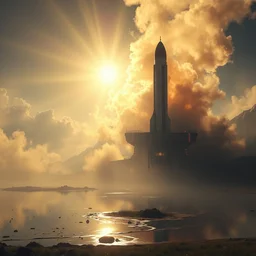 sci - fi space base, space rocket!! mist, sunrays, dust in the air, unreal engine, octane render, dramatic lighting, lake, ultra clear detailed. digital art, by stanley artgerm lau, greg rutkowski, thomas kindkade, alphonse mucha, loish, norman rockwell
