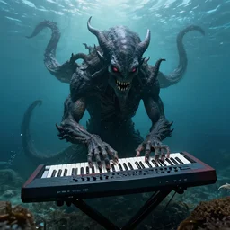 cthulhu monster rising from the ocean playing a synthesizer