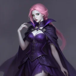 portrait of beautiful young necromancer, gloomy purple dress, corset, cloak, pink hair, ponytail, white skin, green eyes, posing, high fantasy, intricate, elegant, highly detailed, digital painting, artstation, concept art, smooth, sharp focus, illustration, by afshar petros, krenz cushart, artem demura