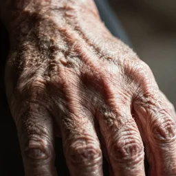 closeup photograph of an old, wrinkled hand. Macro details. Shallow depth of field. Strong keylight.