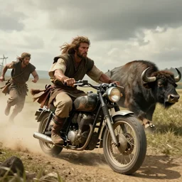 an ancient tribesman driving an ancient motorcycle,  hunting buffalo ,attacking, chase, action scene, an epic fantasy, dramatic lighting, cinematic, establishing shot, extremely high detail, photorealistic, cinematic lighting, artstation, octane render, by simon stalenhag, horizon forbidden west,old photo, vintage