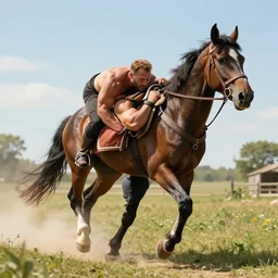 strongman carrying horse on his back, meanwhile in a parallel universe