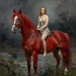 jennifer lawrence in the style of bathing the red horse by petrov vodkin, oil painting, digital painting, concept art, smooth, sharp focus, illustration by william - adolphe bouguerea, paolo roversi, atmospheric, ominous, eerie, cinematic, epic, 8 k