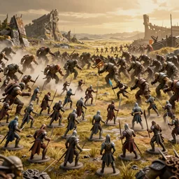 photo taken of an epic battlefield diorama, for a table top rpg designed by weta workshops, an army of high elves battling a horde of orcs, with highly detailed 3 d printed characters, wide shot, photorealistic, sharp focus, f 0. 4, golden ratio, golden hour