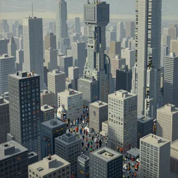 a beautiful painting of a crowded cybernetic futuristic voxel city, densely populated buildings with windows, crowded urban buildings close to each other, highly detailed and realistic, by Lee Madgwick and Simon Stalenhag
