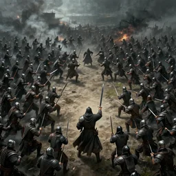 dramatic cinematic artwork from above an army of warriors charging toward the enemy with the commander at the front with his sword raised by greg rutowski