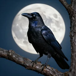 a hyper-detailed book cover portrait of a crow on a tree in front of the full big moon; an extraordinary masterpiece!!!; flawless; proud posture; photorealistic eyes; trending on artstation; f/1.4; 90mm