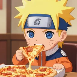 Chibi Naruto biting into a pizza, Chibi Naruto biting into a pizza, Chibi Naruto biting into a pizza, digital art, hyper detailed, high definition, 4k, HDR, pencil drawing, eating, munching pizza