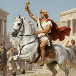 a olimpic greek hero, entering triunphantly a city mounted in a white horse. full of pride. victorirous. prideful.. intricate, elegant, highly detailed, digital painting, artstation, concept art, sharp focus, illustration, by justin gerard and artgerm, 8 k
