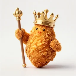 standing breaded chicken with a crown of a king in top of it, holding a king staff, hyper realistic, 4k