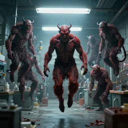 evil monsters being mass - produced in surreal sweatshop under fluorescent dominion, floating in the air, advanced, photorealistic, realistic, dramatic lighting, fantastic reality, by michelangelo, 8 k resolution
