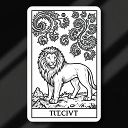 a beautiful black and white fractal viking lioness tarot card featuring bold occult imagery with clean lines. detailed adult coloring book