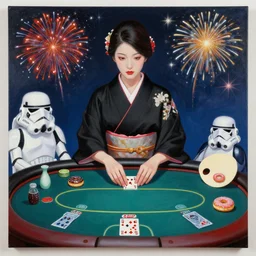 woman in a black japanese kimono, sitting at an extremely detailed poker table with the stormtrooper, sake, donuts on the table, fireworks and stars on the background, by roy liechtestein, canvas, acrylic paint, ivory palette, 4 k, ultra - hd