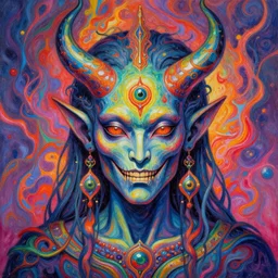A psychedelic portrait of a DMT demon, painting in the style of Alex Grey, vibrant color scheme, highly detailed, 4k resolution, sharp ages, ultra detailed