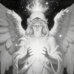 highdetailed hyperrealistic painting of white angel!!! no gender!!!, giant ball of miracle light from the chest!!!!!, white sparkles everywhere, lot of fire and stars overhead!!!, detailed face, in the hood, bold, by jan van eyck, iconic style, holography monospace, glow effect, large strokes, soft and clean, a lot white space, smooth gradients, monochrome