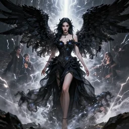 character design by james jean, ruan jia, ilya kuvshinov, martine johanna, jakub rebelka ( ( ( portrait of sexy dark fallen angel in seductive luxurious flowy flowery dress ) ) ) emerging from lighting and powerful thunder, sharp edges. ultra detailed, majestic, intricate,