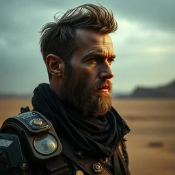a rugged mercenary man with cybernetic enhancements lost in the desert, scifi character portrait by greg rutkowski, esuthio, craig mullins, 1 / 4 headshot, cinematic lighting, dystopian scifi gear, gloomy, profile picture, mechanical, half robot, implants, steampunk