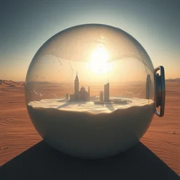 a huge glass container with a cyberpunk city hidden inside, sea of milk, in the desert, photo realism, sunny day f / 1. 9 6. 8 1 mm iso 4 0