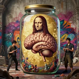 illustration of da vinci's vitruvian brain on a jar, composition accidental renaissance golden ratio, cinematic, by sachin teng and sergey kolesov and ruan jia and heng z and wlop. graffiti art, scifi, fantasy, hyper detailed. octane render. concept art. trending on artstation
